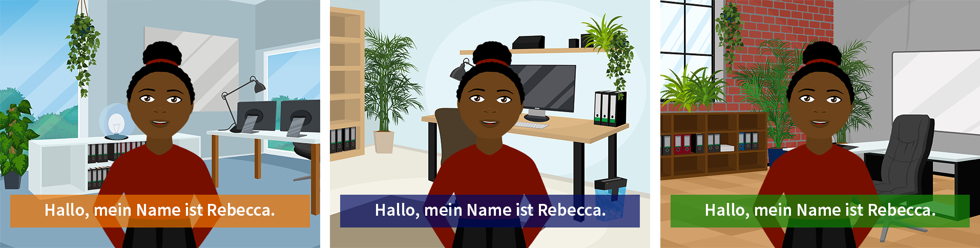 Rebecca dreimal in der selben Situation, mit verschiedenen Hintergründen und Farben im Untertitel